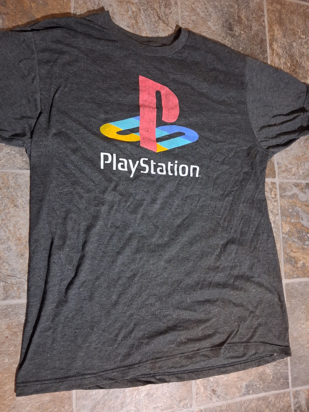 Sony PlayStation Graphic Tee in Dark Gray with Red, Yellow & Blue Logo